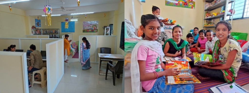 This side-by-side set of two photos shows the interior of the new READ Center in Pune. In the left photo, we see a relaxing room, with cubicle-style walls setting off flexible meeting spaces. In the foreground, a few men are learning computer skills in one such meeting space. In the background, a pair of women in colorful Sari's are having a conversation. In the right-hand photo, six children are participating in a reading activity led by two women. The room is colorfully decorated with art for children, and each child smiles, listening to the stories being read.